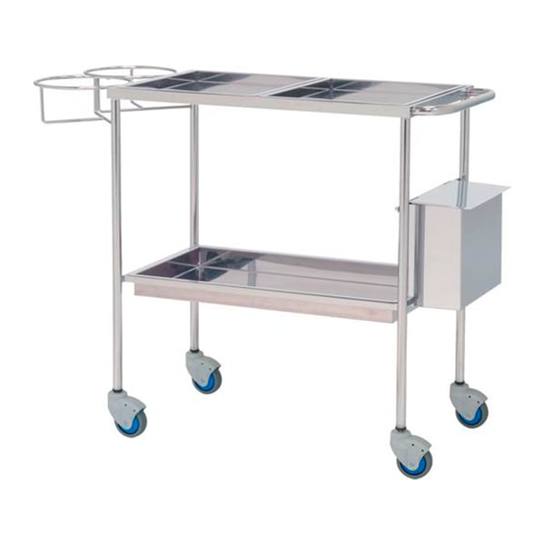 Stainless steel treatment trolley: Three trays, waste bin and gas cylinder holder